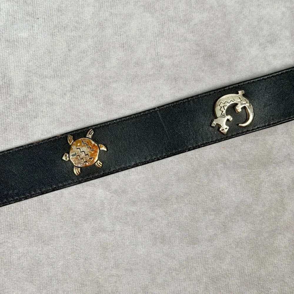 Vintage Silver Creek Black Leather Western Bull Skull Concho Belt 1990 USA Made